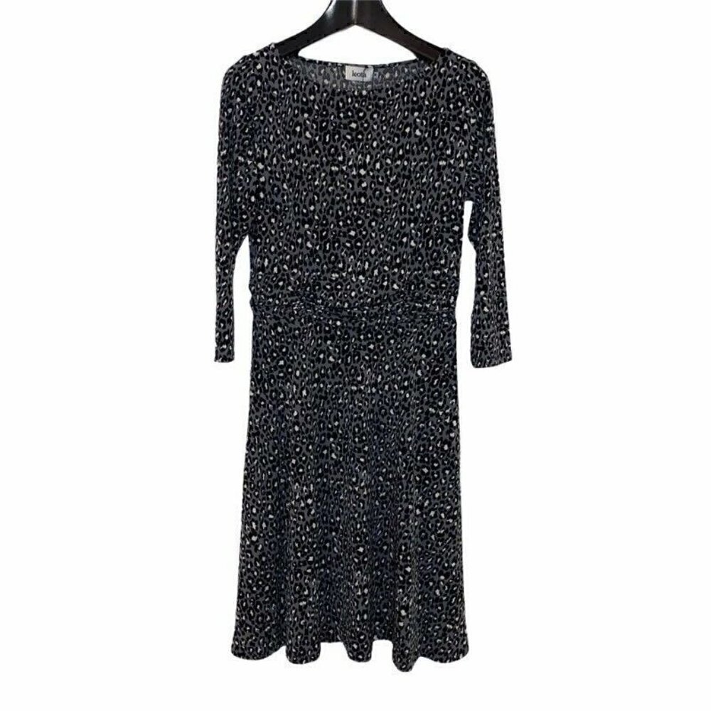 Leota Womens Ilana Dress Gray Black Leopard Print Stretch Midi Medium New